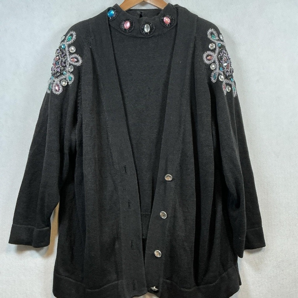 Vintage Black Beaded Jewel Embellished Twinset Cardigan and Shell Set Womens